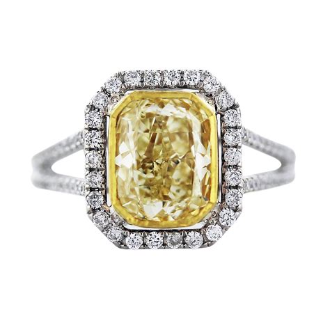 Cushion Cut Fancy Yellow Diamond Engagement Ring in 18K Two Tone Gold