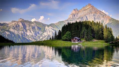 Alps in amazing nature of Switzerland with hills, trees and small house by lake 4K wallpaper ...