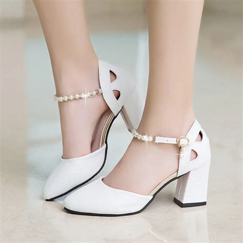 Spring Women Wedding Shoes String Bead Ankle Strap Dress Shoes White High Heels Pumps Summer ...