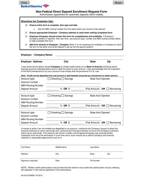 Free Free Bank Of America Direct Deposit Form Pdf Eforms Bank Direct Deposit Form Template ...