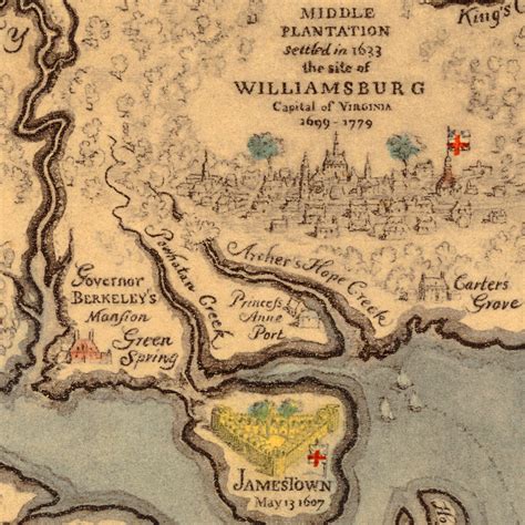 Map of Virginia 1585–1781 with Williamsburg, Jamestown, Yorktown