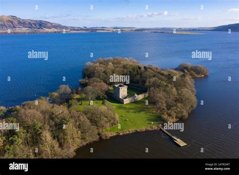 Aerial view of Loch Leven Castle on Loch Leven in Fife, Scotland, UK ...