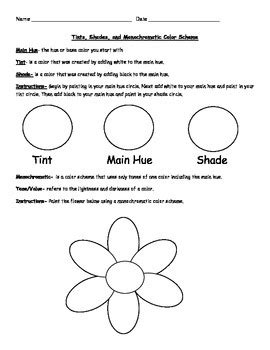 Tints, Shades, Value, and Monochromatic Art Worksheet by Raven Bergin