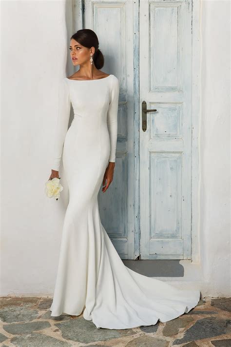 Long Sleeve Simple White Wedding Dress