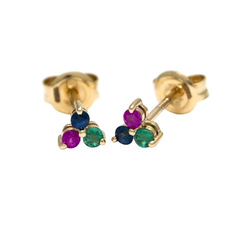 Yellow Gold Round Prong Multi Gem Earrings (14k Ruby, Sapphire, And Emerald Earring) - Jewels In ...