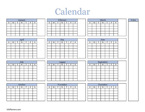 Yearly Blank Calendar | Microsoft Word, Editable PDF and Image Files