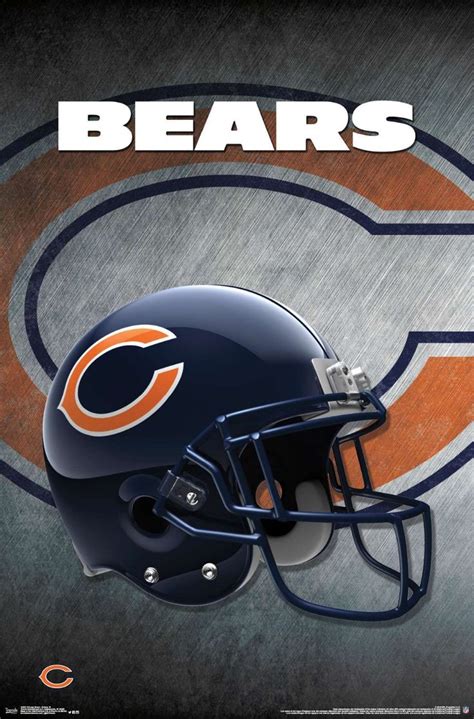 the chicago bears helmet is shown on a poster with an orange and blue stripe in the background