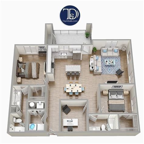 2 Bedroom Apartment Floor Plan with Kitchen and Living Room