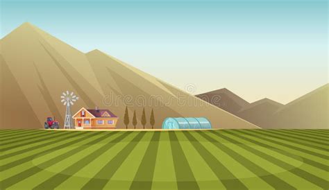 Farm and Countryside Landscape on Mountain Background. Vector Cartoon ...