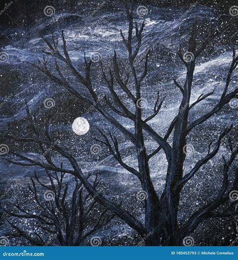 Trees in Moonlight Painting Stock Illustration - Illustration of branches, dark: 180453793