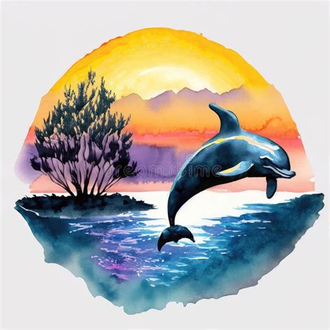 Watercolor Sunset with a Beautiful Dolphin Clip Art Vector Stock ...