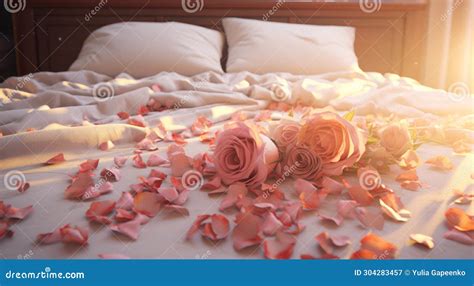 Red Rose Petals Near Bed on Table Stock Image - Image of ambiance ...