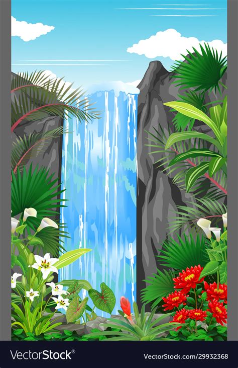 Beautiful waterfall in forest with tropical plant Vector Image