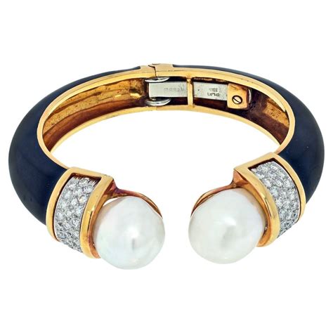 David Webb Platinum, 18k Gold Arabesque Black Enamel Diamond Cuff ...