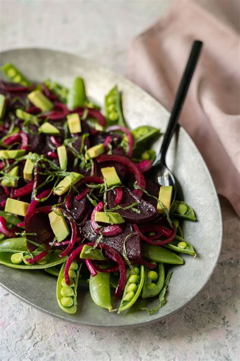 Spring beauty on a platter. Beets, snap peas and avocados come together ...