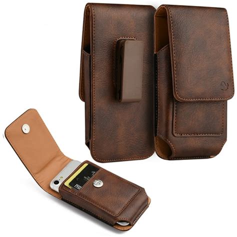 6.5-inch Vertical Brown PU Leather Universal Cell Phone Holster Pouch with Belt Clip and Card ...