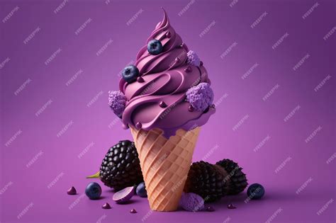 Premium Photo | Purple ice cream cone decorated with berries generative ai