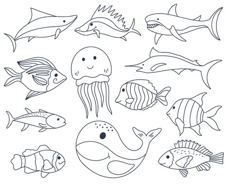 Sea fish doodle set 6174725 Vector Art at Vecteezy