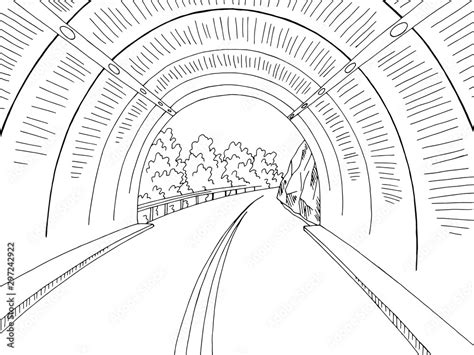 Exit from the tunnel road graphic black white landscape sketch ...