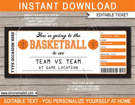 Printable Basketball Ticket Gift Editable Template Surprise | Etsy