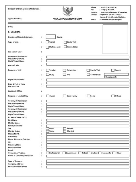 Visa form Embassy of the Republic of Indonesia | Travel Visa | Passport