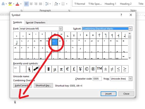 X Bar Symbol in Word