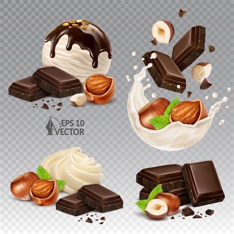 Premium Vector | Dark chocolate with hazelnuts set Vanilla ice cream with melting chocolate ...