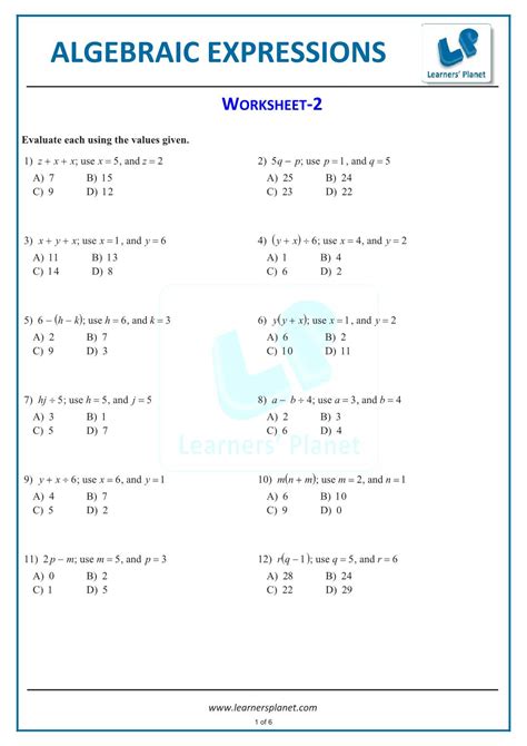 Algebraic Expression Worksheets - Printable Word Searches