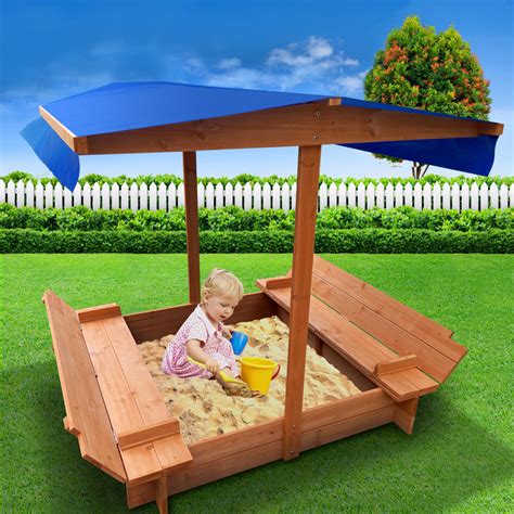 Keezi Kids Sandpit Wooden Sandbox Sand Pit with Canopy Foldable Seat Toys 120cm