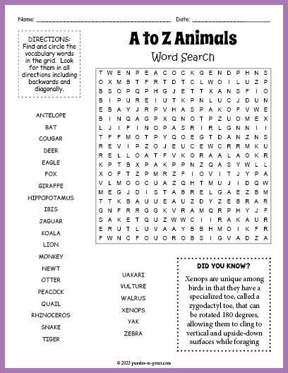 A to Z Animals Word Search