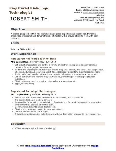 Registered Radiologic Technologist Resume Samples | QwikResume