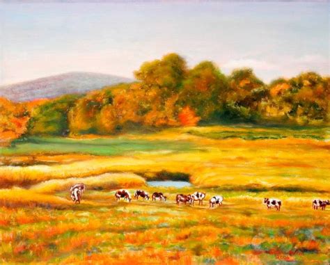 Autumn Field with Cows Grazing Painting | Painting, Cow painting, Original landscape painting