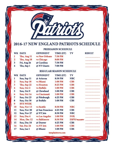 Printable 2016-2017 New England Patriots Schedule