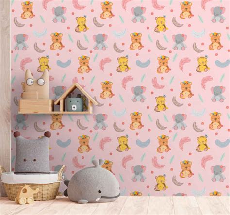 Cute cartoon animals with pink background Kids Wallpaper - TenStickers