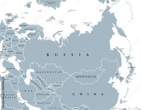 Eurasia political map with countries and borders. Combined continental ...