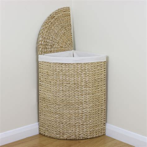 Corner Woven Laundry Basket Cloth Lining Lid Hamper Bin Wicker Washing Storage | eBay