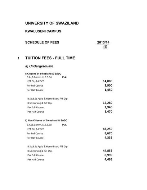 UNIVERSITY OF SWAZILAND TUITION FEES - FULL TIME