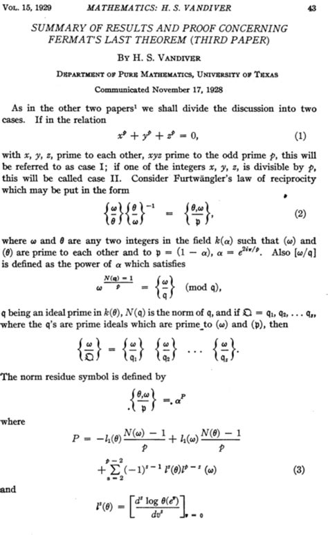 SUMMARY OF RESULTS AND PROOF CONCERNING FERMAT'S LAST THEOREM (THIRD PAPER) | PNAS