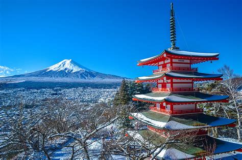 HD wallpaper: white and red temple, winter, mountain, the volcano, Japan, Fuji | Wallpaper Flare