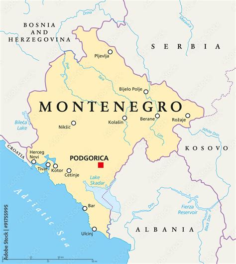 FotoMural Montenegro political map with capital Podgorica, national borders, important cities ...