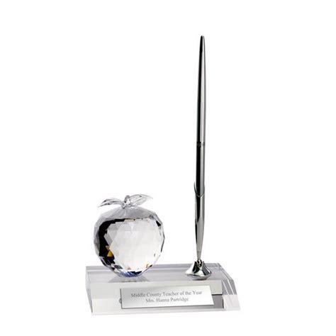 Personalized Crystal Apple Desktop Pen Stand | Engraved Crystal Apple Pen Holder for Teachers