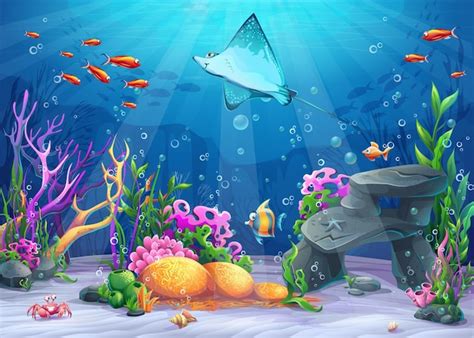 Premium Vector | Vector cartoon illustration undersea world with funny character cramp-fish ...