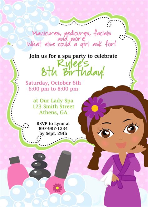 DIY Sassy Spa Party invitation. African American Little Girl