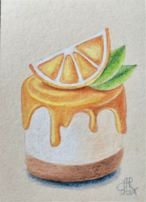 ACEO ATC Original Colored Pencil Drawing 2.5"x3.5" Orange Dessert Cream ...