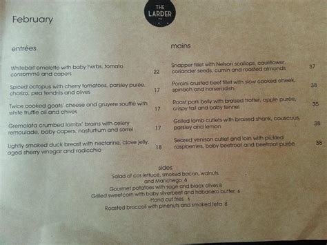 Menu at The Larder cafe, Wellington