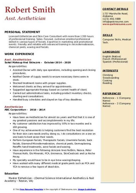 Aesthetician Resume Samples | QwikResume