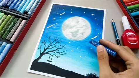 Cara Menggambar Pemandangan Malam Hari dan Moonlight / Easy Oil Pastel Drawing / for Beginners ...