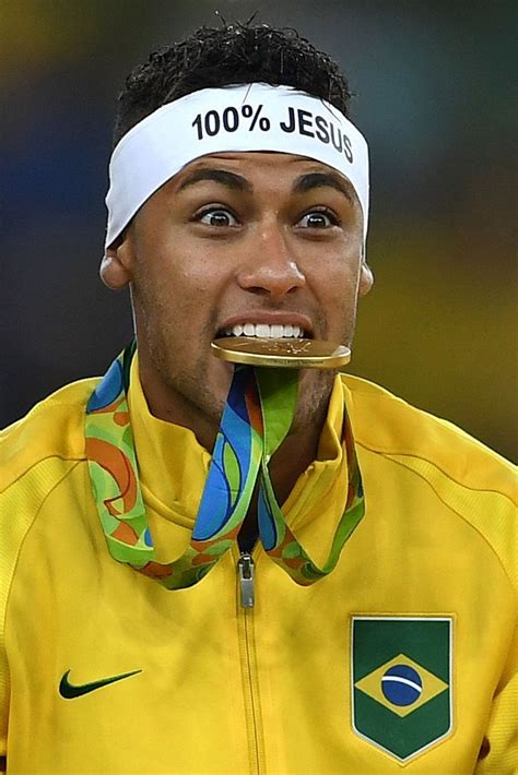 Neymar of Brazil celebrates with his gold medal after the Men's ...