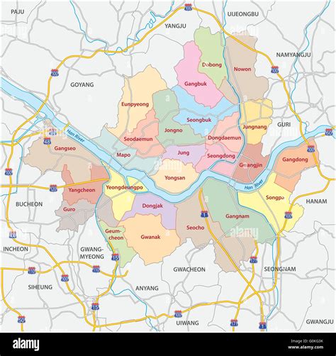 administrative and road map of south korea capital, Seoul Stock Vector ...