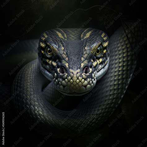 Deadly black snake looking into the camera. Exotic snake look at you. Snake eyes. Reptile ...